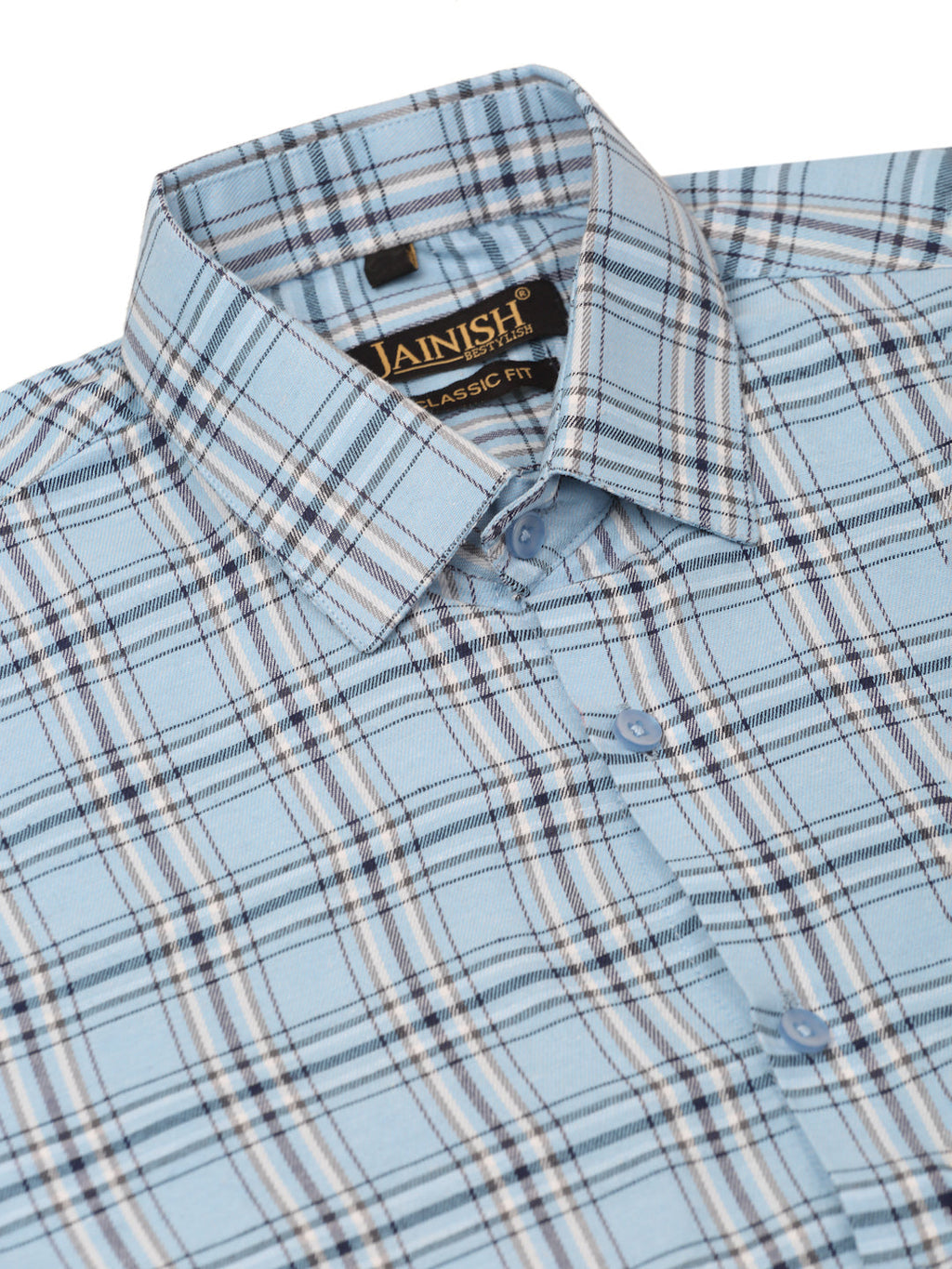 Jainish Men's Cotton Checked Half Sleeves Formal Shirts - Sky Blue | Grocsy
