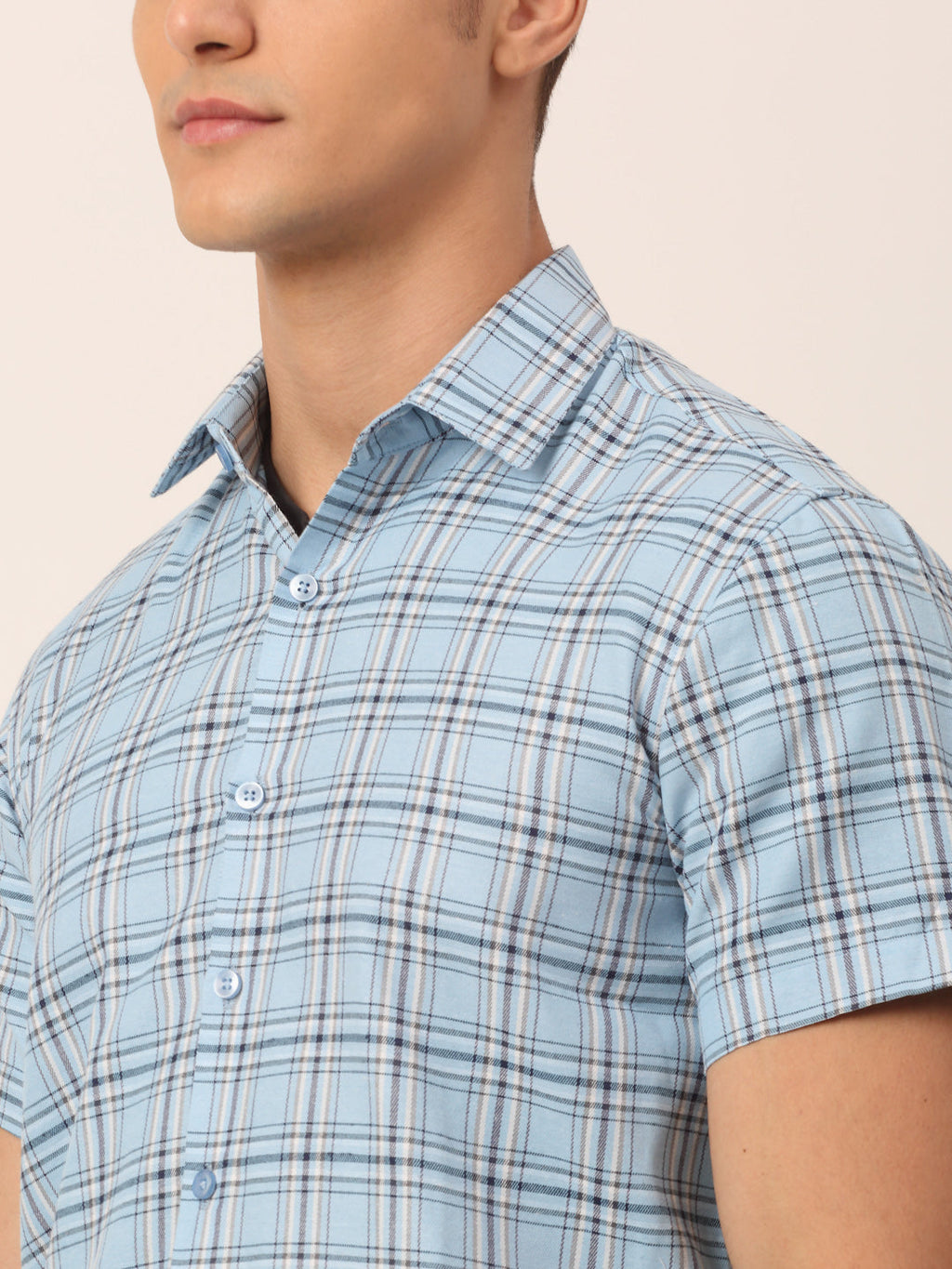 Jainish Men's Cotton Checked Half Sleeves Formal Shirts - Sky Blue | Grocsy