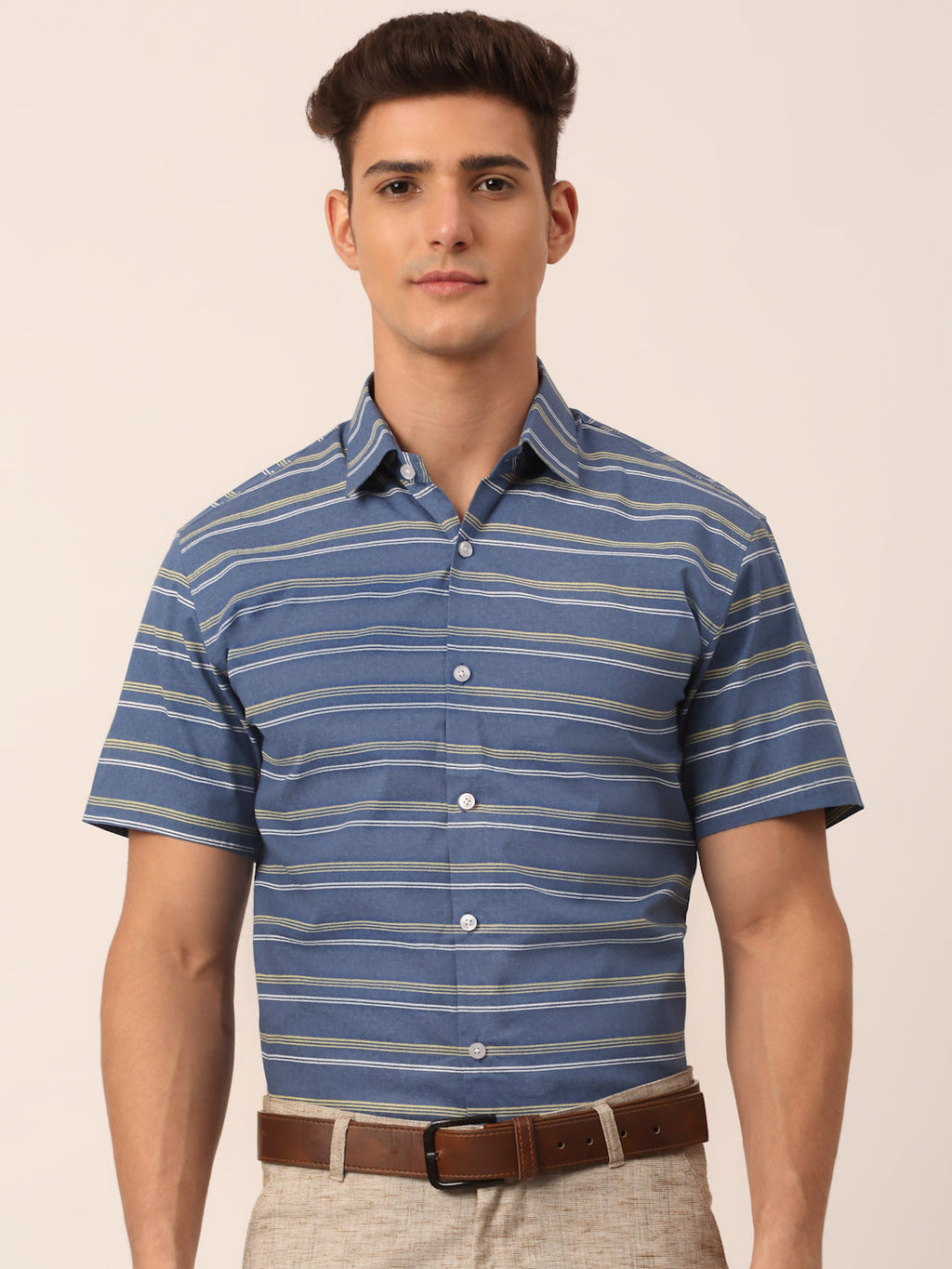 Jainish Men's Cotton Striped Half Sleeve Formal Shirts ( SF 816Blue ) | Grocsy