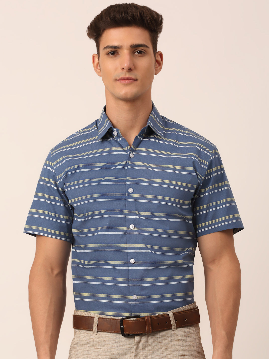 Jainish Men's Cotton Striped Half Sleeve Formal Shirts ( SF 816Blue ) | Grocsy