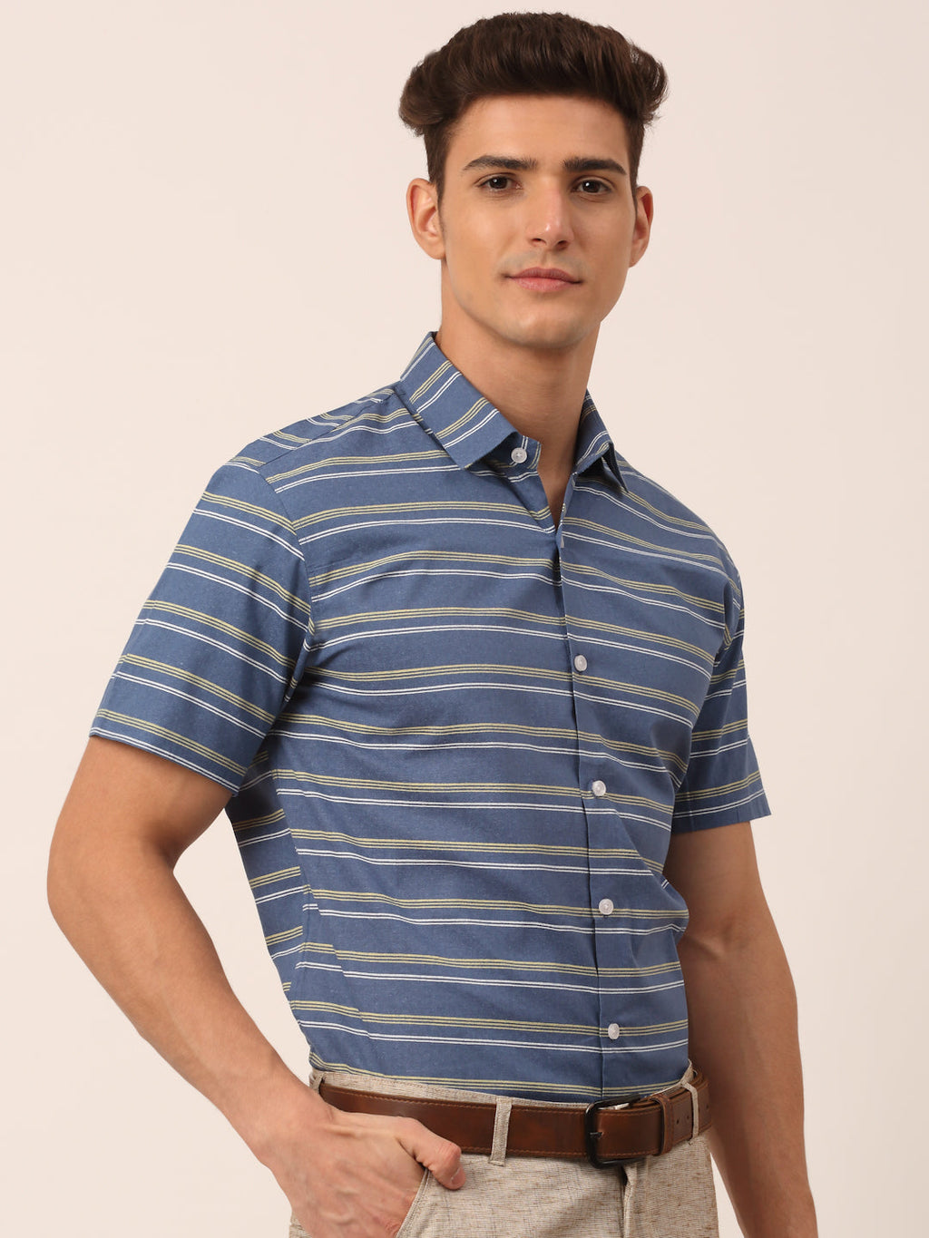 Jainish Men's Cotton Striped Half Sleeve Formal Shirts ( SF 816Blue ) | Grocsy