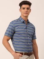 Jainish Men's Cotton Striped Half Sleeve Formal Shirts ( SF 816Blue ) | Grocsy