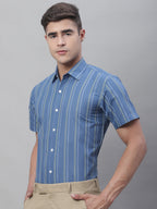 Jainish Men's Blue Striped Formal Shirt | Grocsy
