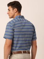 Jainish Men's Cotton Striped Half Sleeve Formal Shirts ( SF 816Blue ) | Grocsy