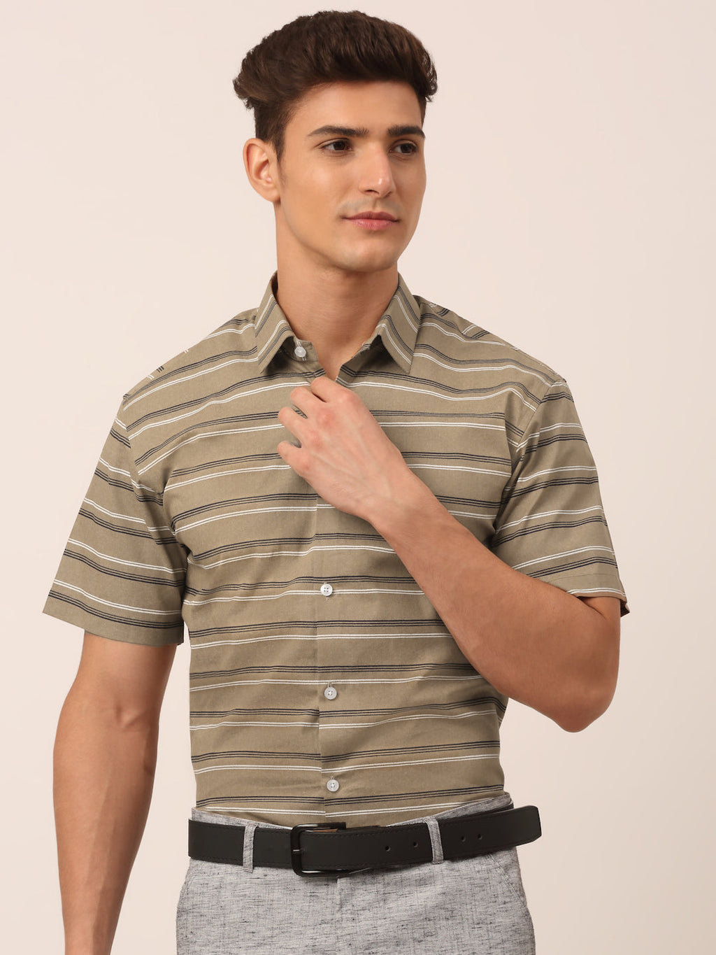 Jainish Men's Cotton Striped Half Sleeve Formal Shirts ( SF 816Brown ) | Grocsy