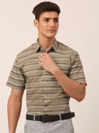 Jainish Men's Cotton Striped Half Sleeve Formal Shirts ( SF 816Brown ) | Grocsy
