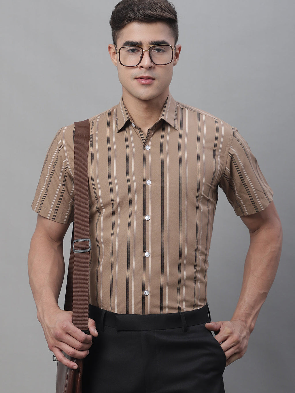 Jainish Men's Brown Striped Formal Shirt | Grocsy