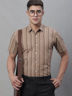 Jainish Men's Brown Striped Formal Shirt | Grocsy