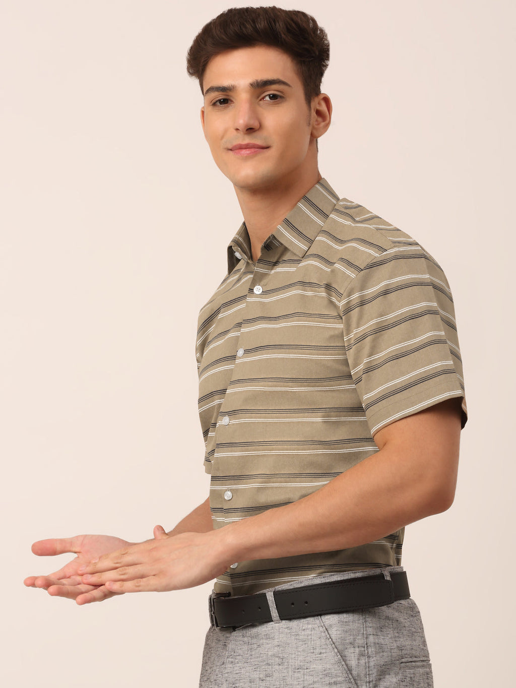 Jainish Men's Cotton Striped Half Sleeve Formal Shirts ( SF 816Brown ) | Grocsy