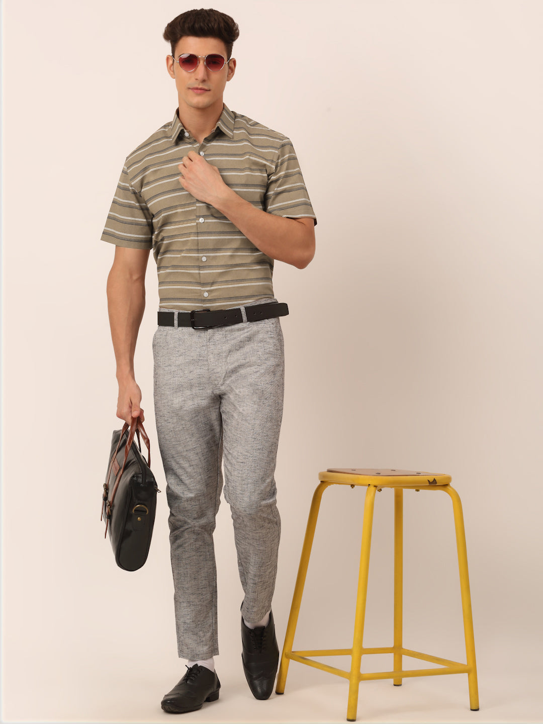 Jainish Men's Cotton Striped Half Sleeve Formal Shirts ( SF 816Brown ) | Grocsy
