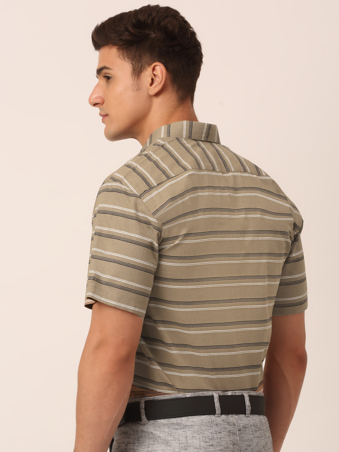 Jainish Men's Cotton Striped Half Sleeve Formal Shirts ( SF 816Brown ) | Grocsy