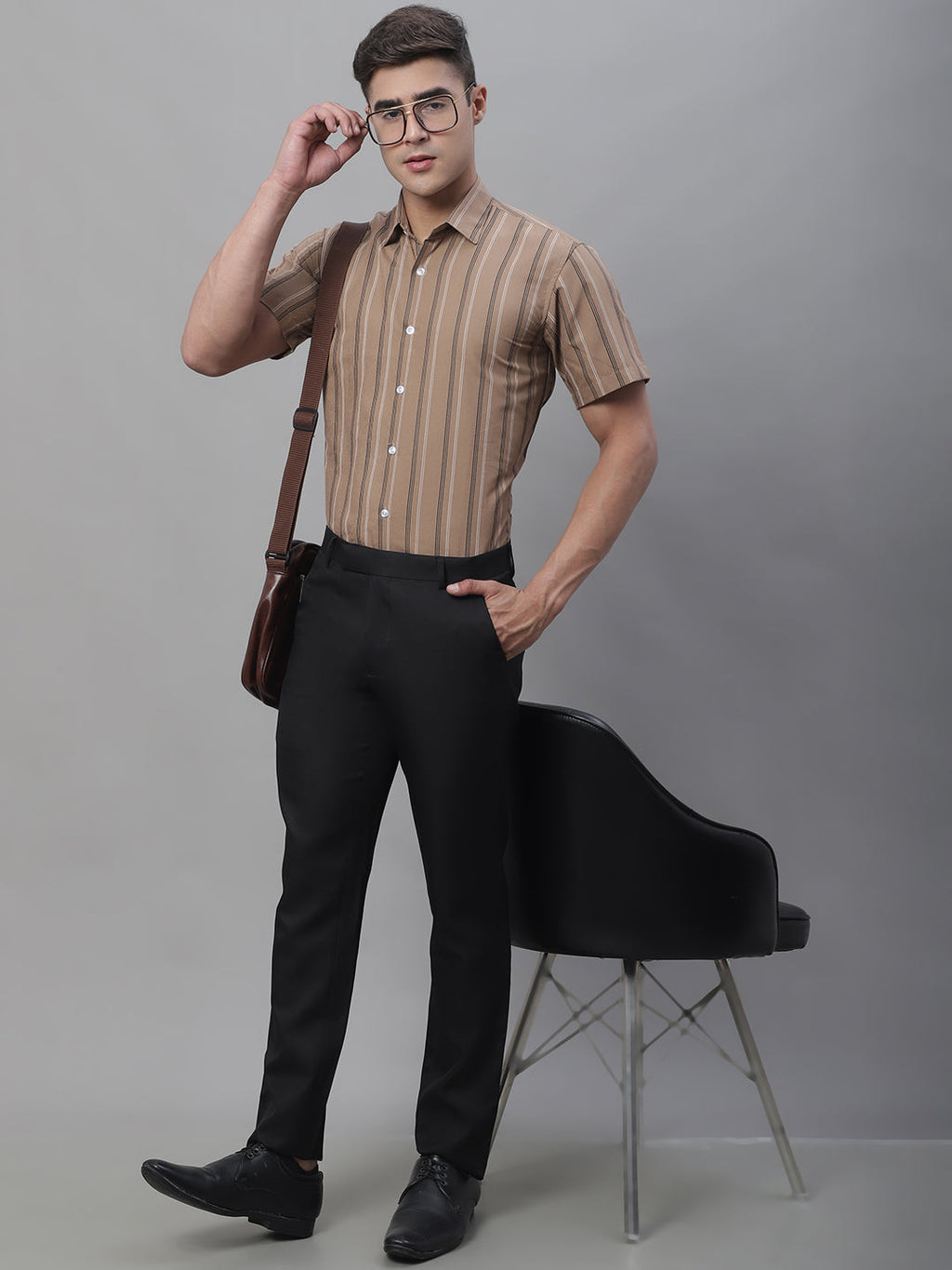 Jainish Men's Brown Striped Formal Shirt | Grocsy