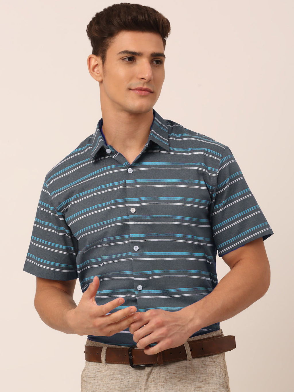 Jainish Men's Cotton Striped Half Sleeve Formal Shirts ( SF 816Grey ) | Grocsy