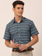 Jainish Men's Cotton Striped Half Sleeve Formal Shirts ( SF 816Grey ) | Grocsy