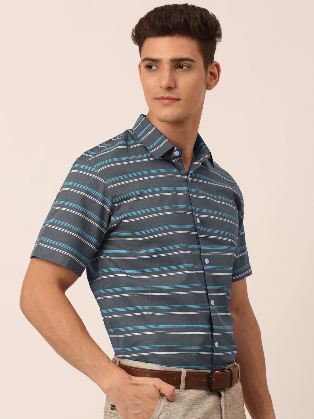 Jainish Men's Cotton Striped Half Sleeve Formal Shirts ( SF 816Grey ) | Grocsy