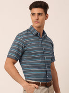 Jainish Men's Cotton Striped Half Sleeve Formal Shirts ( SF 816Grey ) | Grocsy