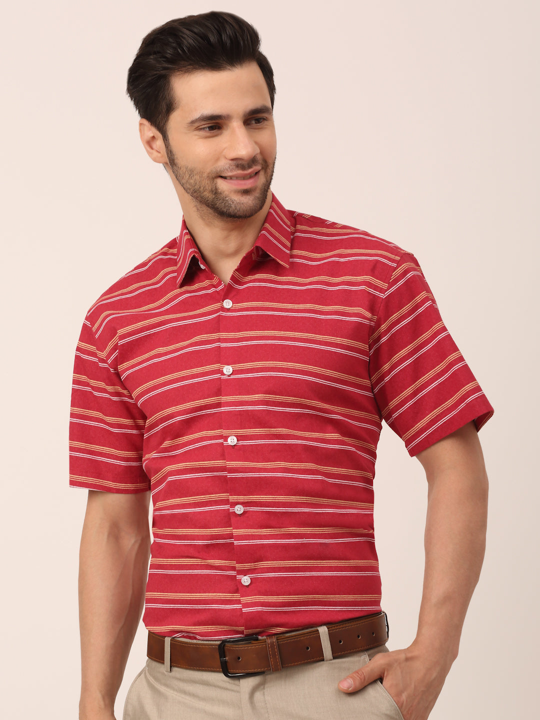Jainish Men's Cotton Striped Half Sleeve Formal Shirts ( SF 816Maroon ) | Grocsy