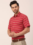 Jainish Men's Cotton Striped Half Sleeve Formal Shirts ( SF 816Maroon ) | Grocsy