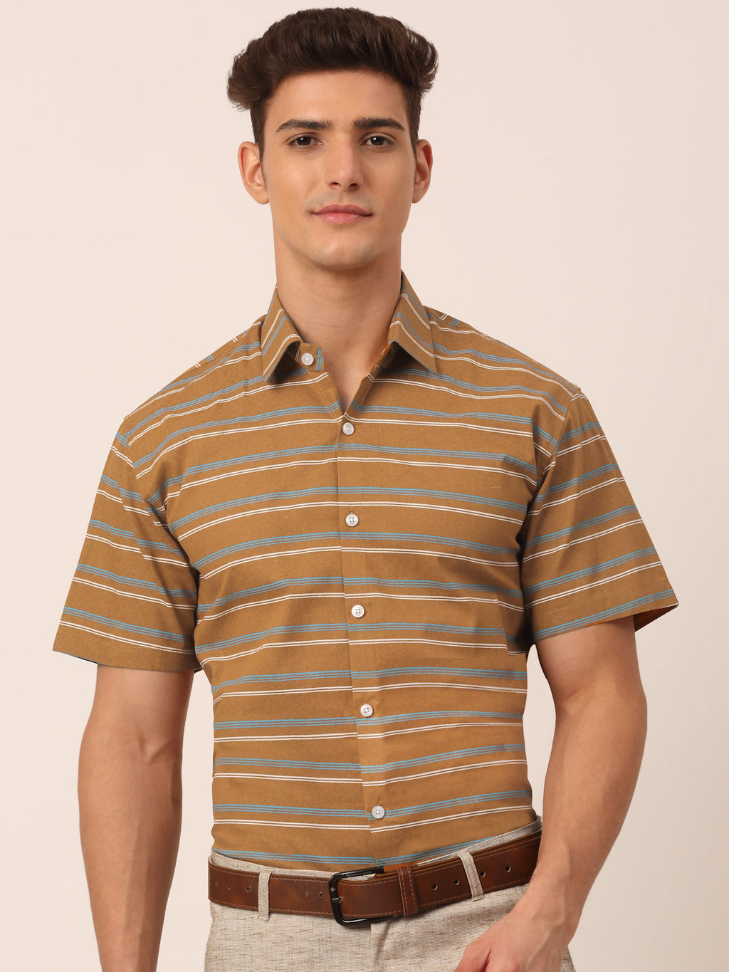 Jainish Men's Cotton Striped Half Sleeve Formal Shirts ( SF 816Mustard ) | Grocsy
