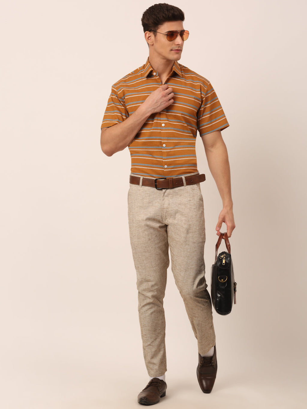 Jainish Men's Cotton Striped Half Sleeve Formal Shirts ( SF 816Mustard ) | Grocsy