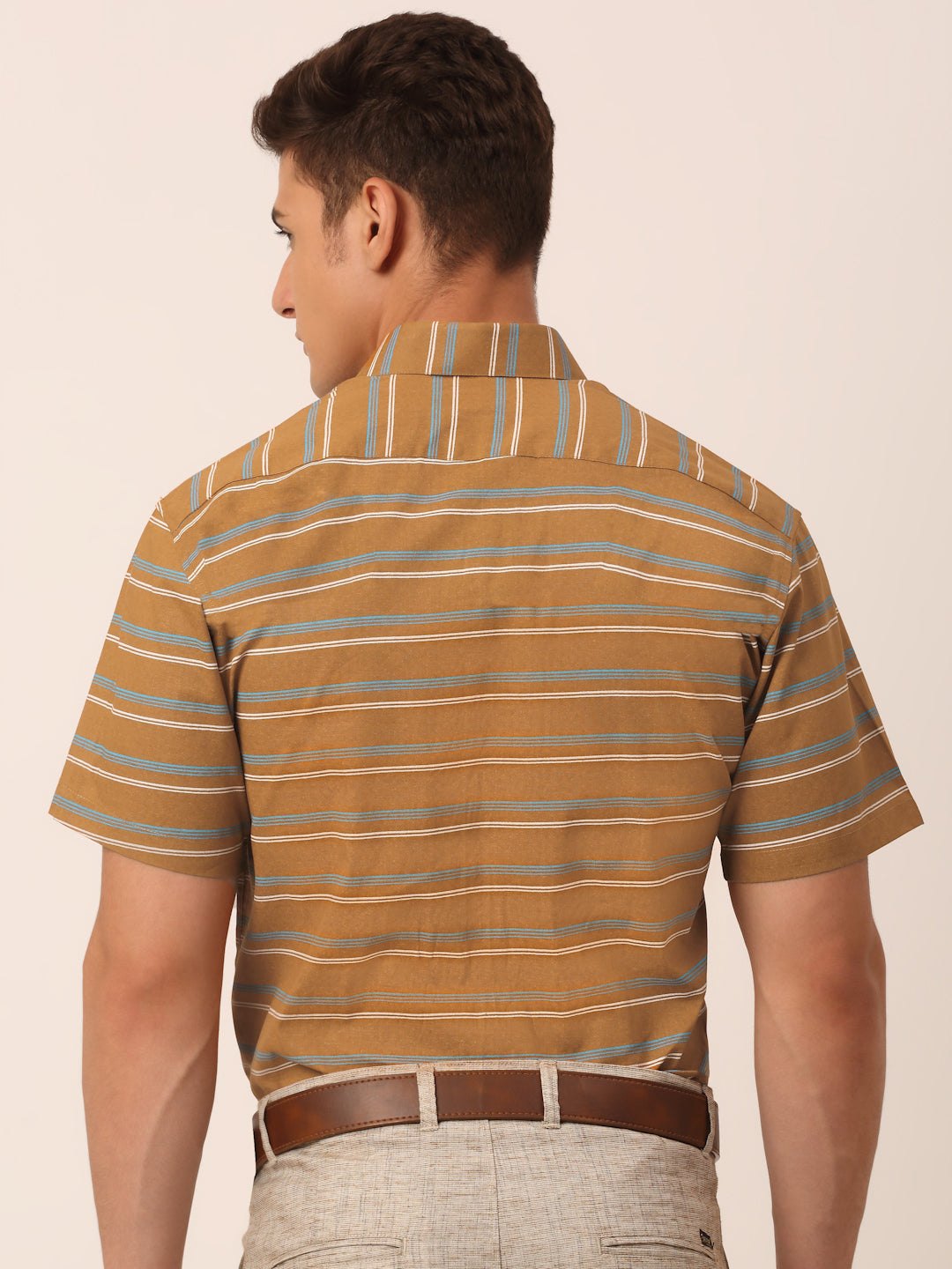 Jainish Men's Cotton Striped Half Sleeve Formal Shirts ( SF 816Mustard ) | Grocsy