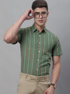 Jainish Men's Olive Green Striped Formal Shirt | Grocsy
