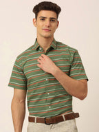 Jainish Men's Cotton Striped Half Sleeve Formal Shirts ( SF 816Olive ) | Grocsy