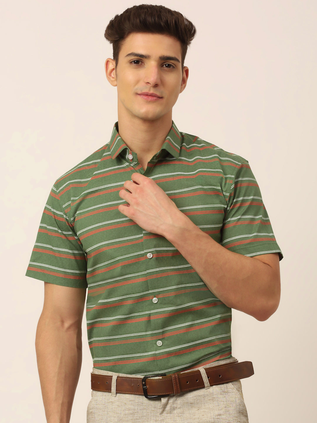 Jainish Men's Cotton Striped Half Sleeve Formal Shirts ( SF 816Olive ) | Grocsy
