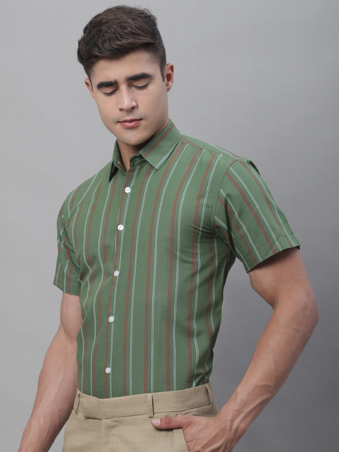Jainish Men's Olive Green Striped Formal Shirt | Grocsy