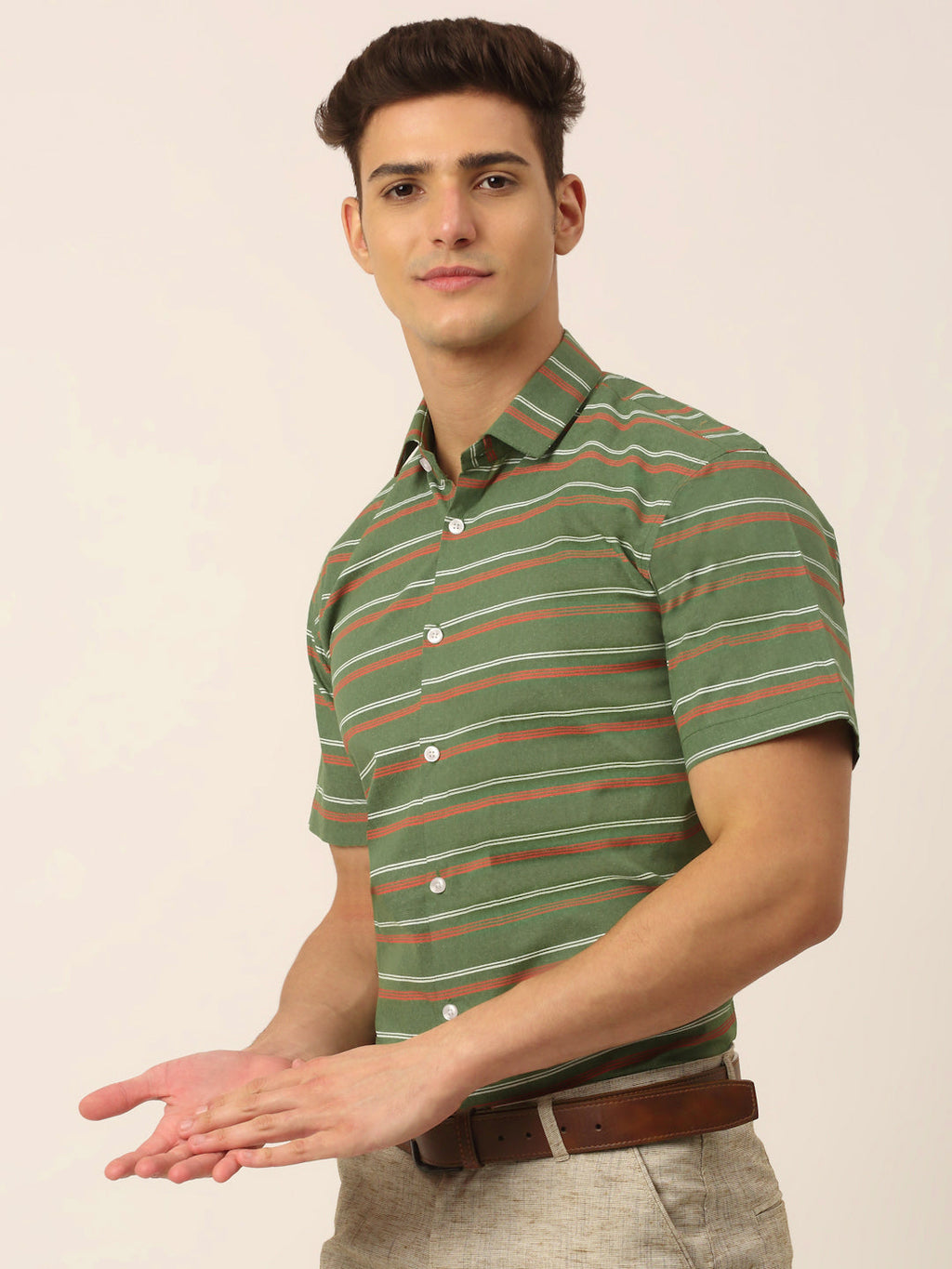 Jainish Men's Cotton Striped Half Sleeve Formal Shirts ( SF 816Olive ) | Grocsy