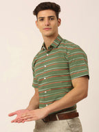 Jainish Men's Cotton Striped Half Sleeve Formal Shirts ( SF 816Olive ) | Grocsy