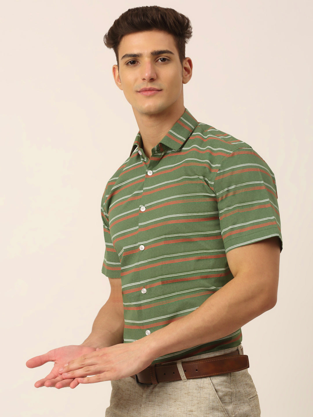 Jainish Men's Cotton Striped Half Sleeve Formal Shirts ( SF 816Olive ) | Grocsy