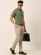Jainish Men's Cotton Striped Half Sleeve Formal Shirts ( SF 816Olive ) | Grocsy