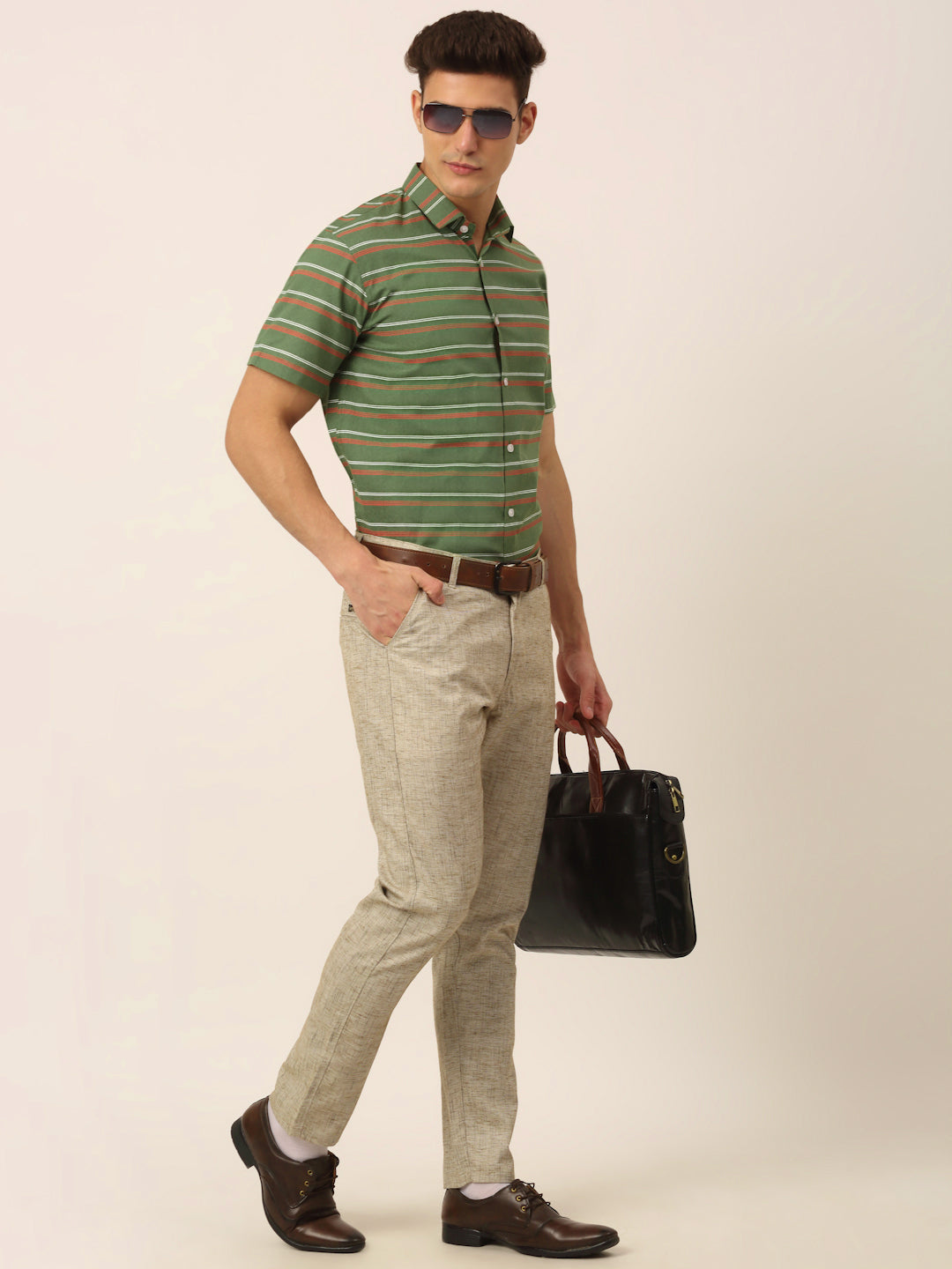 Jainish Men's Cotton Striped Half Sleeve Formal Shirts ( SF 816Olive ) | Grocsy