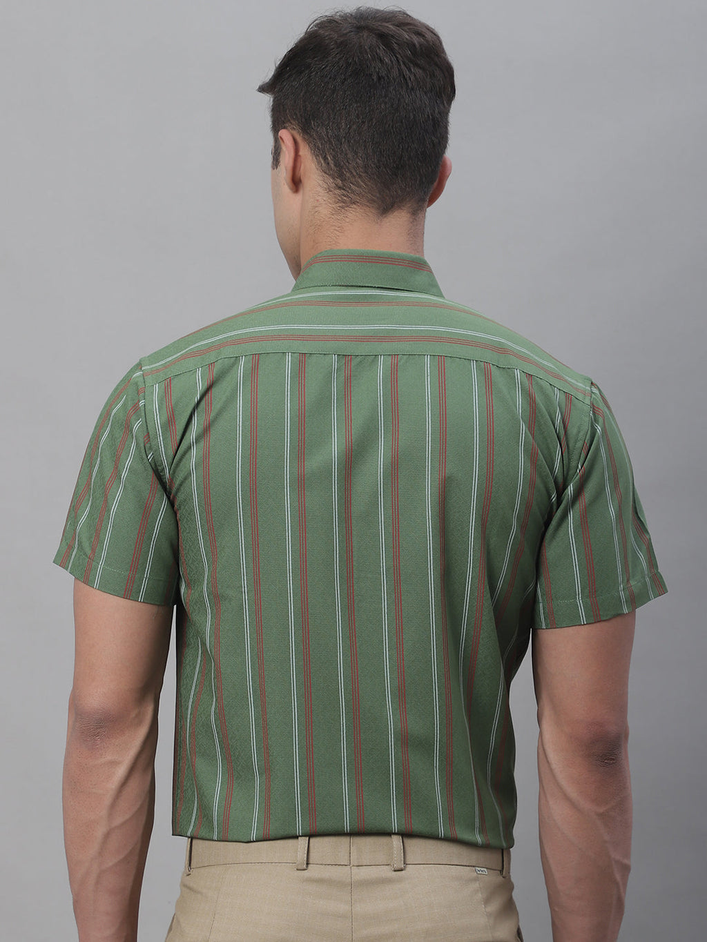 Jainish Men's Olive Green Striped Formal Shirt | Grocsy