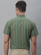 Jainish Men's Olive Green Striped Formal Shirt | Grocsy