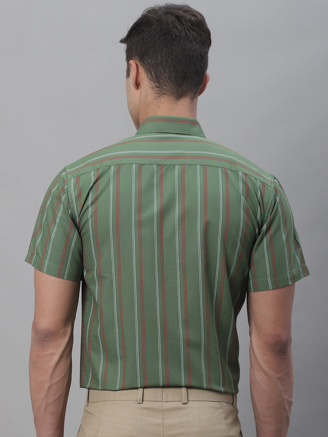Jainish Men's Olive Green Striped Formal Shirt | Grocsy