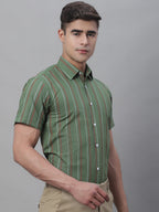 Jainish Men's Olive Green Striped Formal Shirt | Grocsy