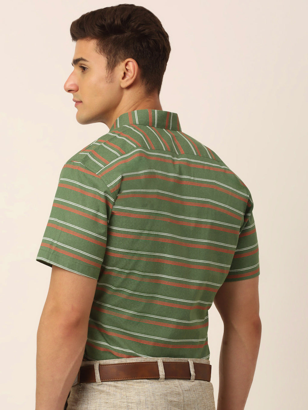 Jainish Men's Cotton Striped Half Sleeve Formal Shirts ( SF 816Olive ) | Grocsy