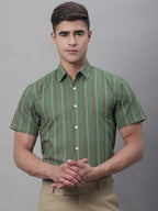 Jainish Men's Olive Green Striped Formal Shirt | Grocsy