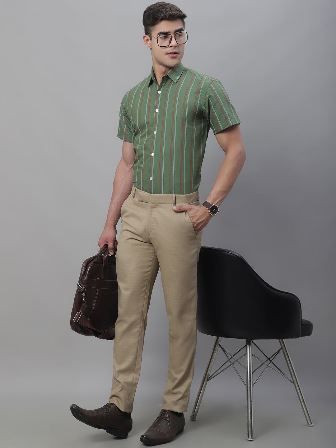 Jainish Men's Olive Green Striped Formal Shirt | Grocsy
