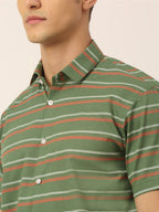 Jainish Men's Cotton Striped Half Sleeve Formal Shirts ( SF 816Olive ) | Grocsy