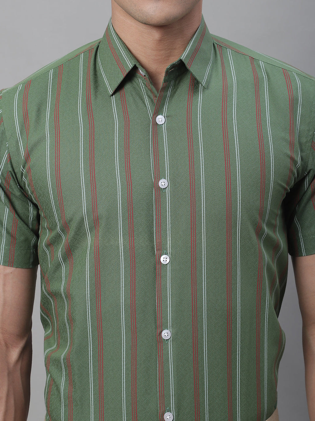 Jainish Men's Olive Green Striped Formal Shirt | Grocsy