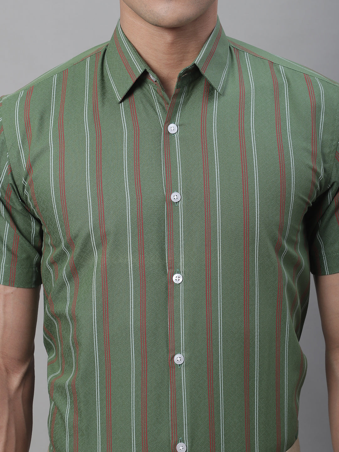 Jainish Men's Olive Green Striped Formal Shirt | Grocsy