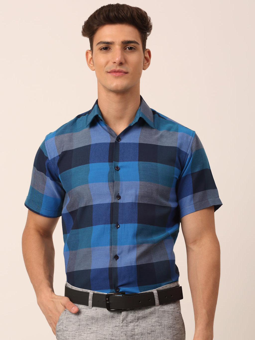 Jainish Men's Cotton Checked Half Sleeve Formal Shirts ( SF 817Blue ) | Grocsy