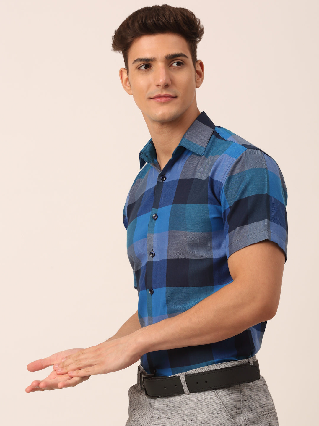 Jainish Men's Cotton Checked Half Sleeve Formal Shirts ( SF 817Blue ) | Grocsy