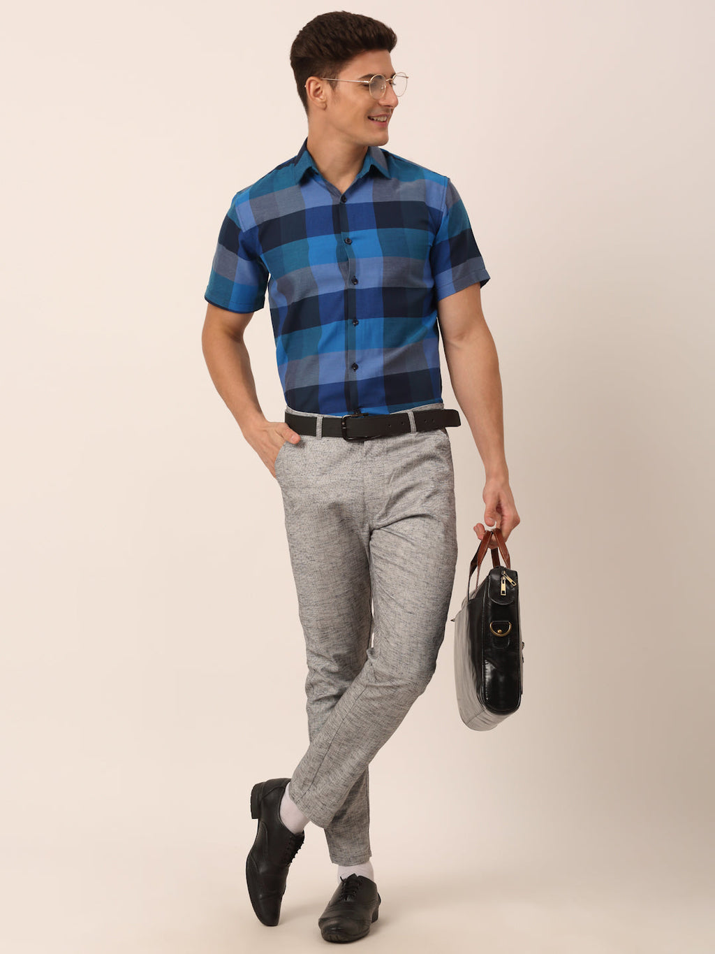 Jainish Men's Cotton Checked Half Sleeve Formal Shirts ( SF 817Blue ) | Grocsy