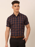 Jainish Men's Cotton Checked Half Sleeves Formal Shirts - Orange-Blue | Grocsy