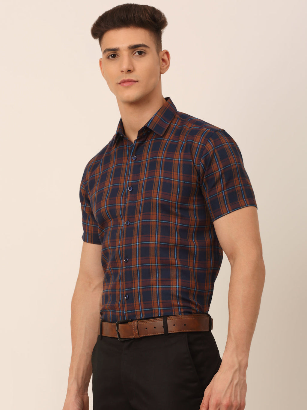 Jainish Men's Cotton Checked Half Sleeves Formal Shirts - Orange-Blue | Grocsy