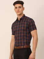 Jainish Men's Cotton Checked Half Sleeves Formal Shirts - Orange-Blue | Grocsy